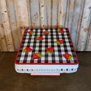 Vintage Cake Stand Strawberry Gingham Checkered Ceramic